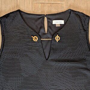 Calvin Klein, Textured Tank Blouse, Gold Chain Clasp, Black, Sz XL